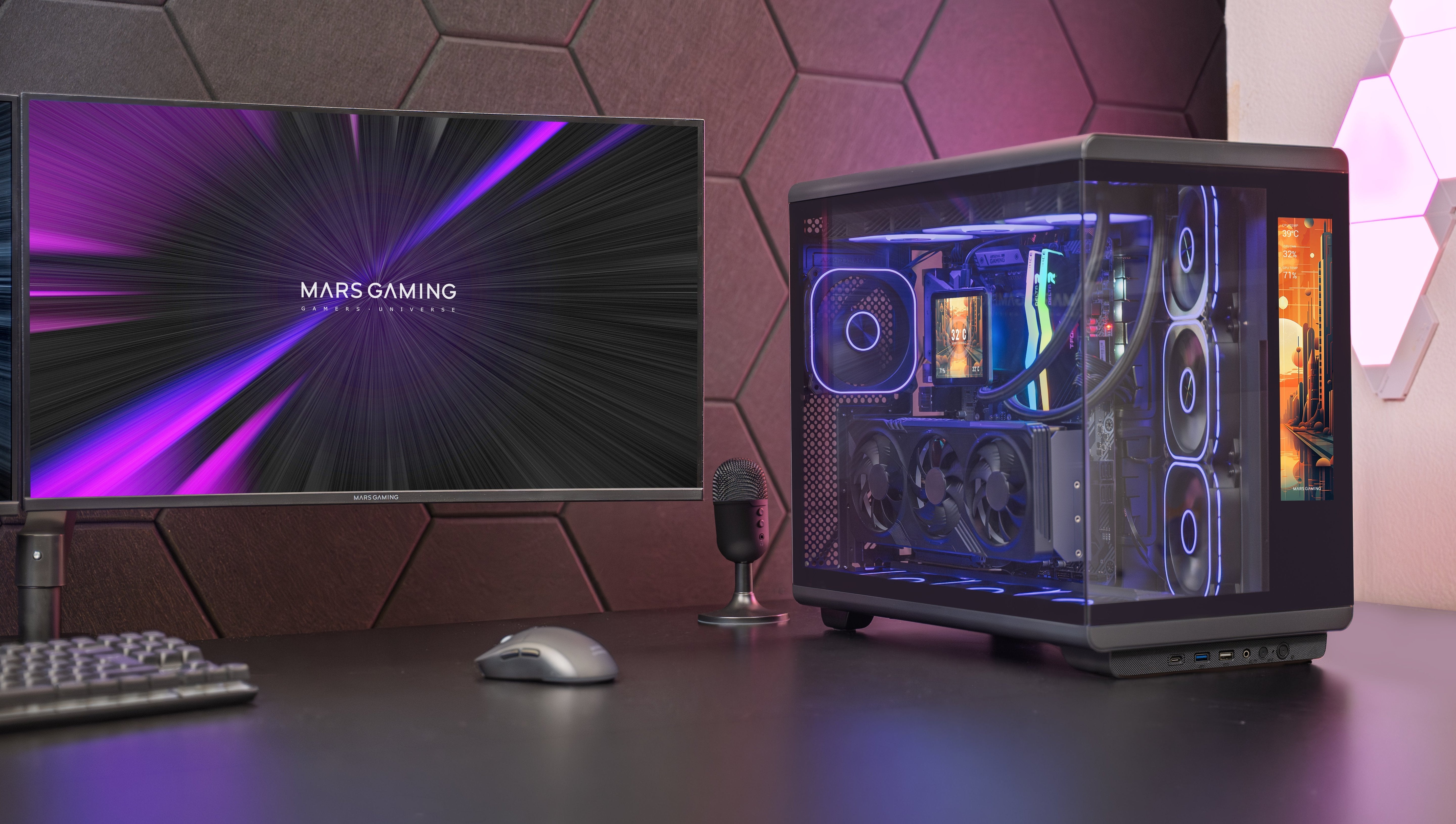 Caja Pc Atx Mars Gaming Mc-Revmax Pantalla Lcd 11.8" Cristal Templado 4x Ventiladores Argb Negro