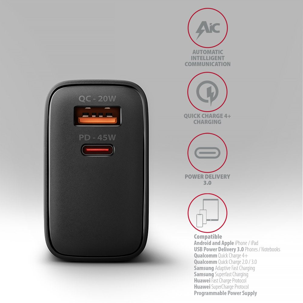 EAN 8595247907905 - Axagon ACU-PQ45 QC 3.0, 4.0/AFC/FCP/PPS/PD, 45W, schwarz - Netzladegerät mit USB-A und USB-C Schnittstell imagen 4