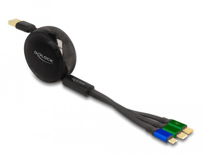 Delock 85359 Usb 3 In 1 Retractable Charging Cable For Micro Usb / 2 X Usb Type-C With Fast Charging Black