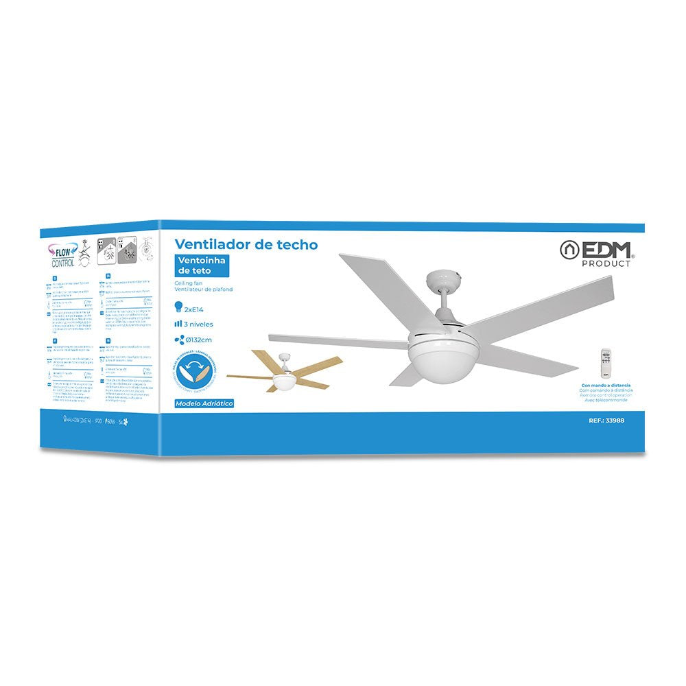 Ventilador De Techo Modelo Adriatico Blanco Potencia: 60w Aspas: Ø132cm Con Mando A Distancia Edm
