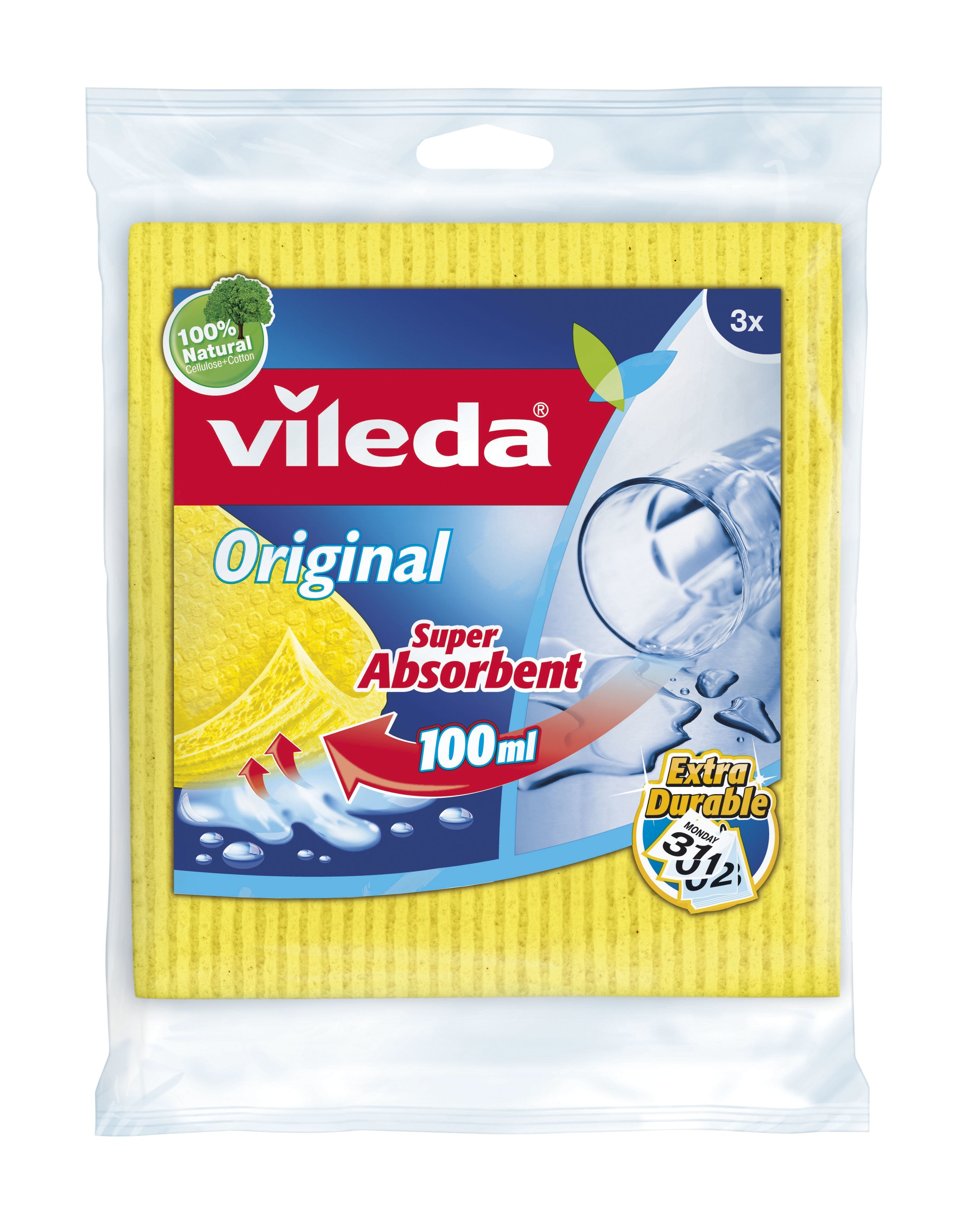 EAN 8001940000213 - Vileda 142289 esponja Rectangular Celulosa, Algodón, Fibra Azul, Rosa, Amarillo 3 pieza(s) imagen 1
