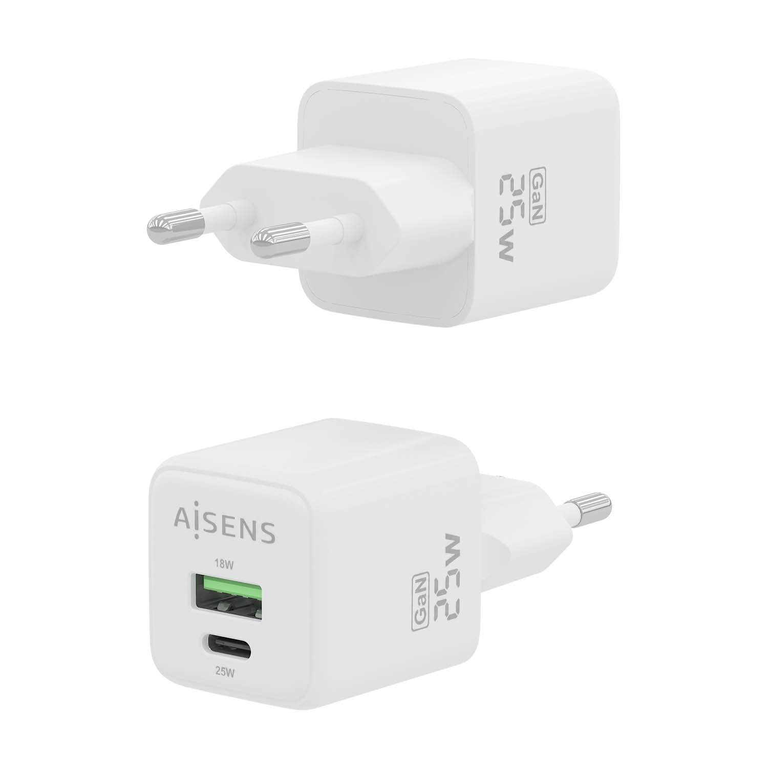 Aisens Cargador Gan 25w, 1xusb-C Pd3.0 Qc4.0, 1xusb-A Qc3.0, Blanco
