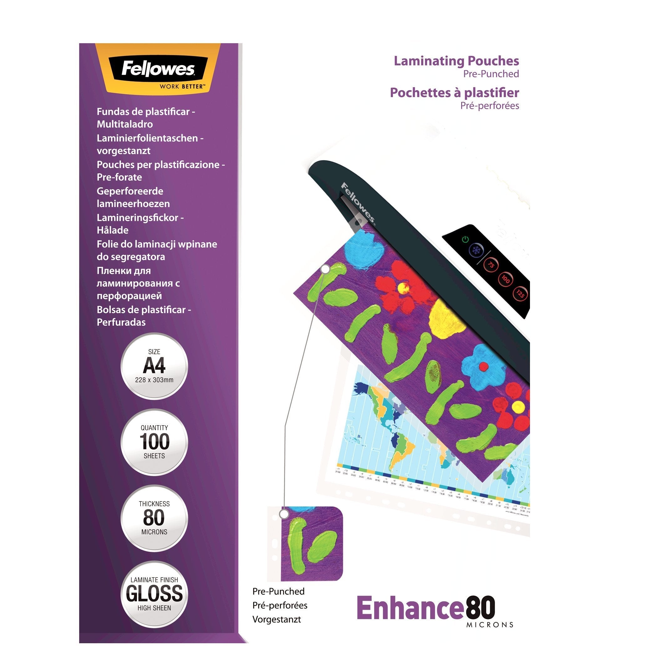 Fellowes Pack 100 Fundas Plastificar 80 Mic. Taladradas 228x303mm