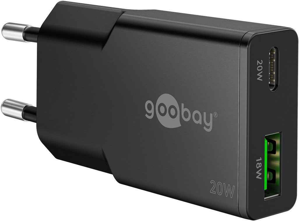 Cargador 20w Usb 2 Puert. Usb-C Pd X , Usb-A Qc 1 Gan Dual Fast Charger Slim Negro Goobay