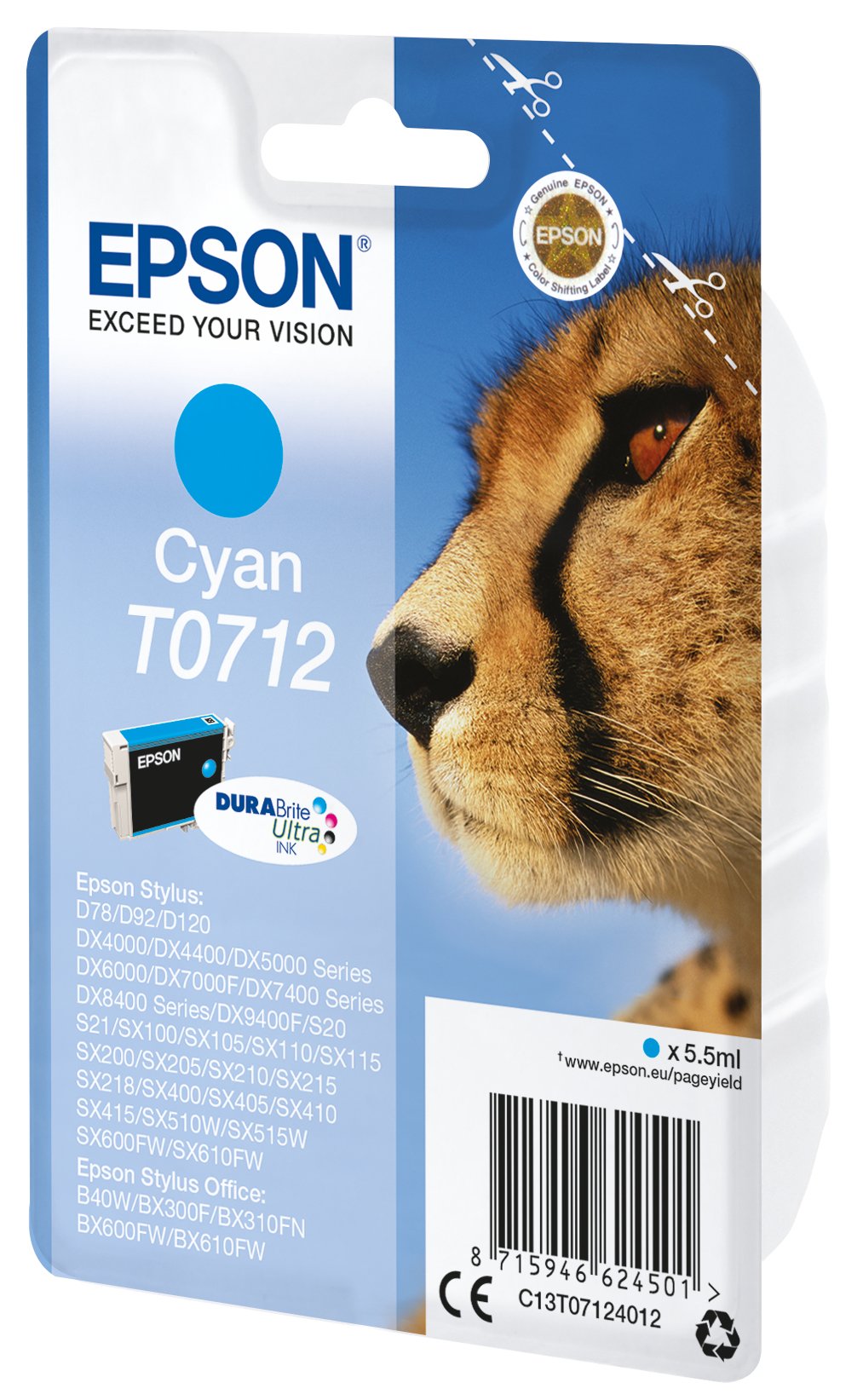 Tinta Original Epson T0712 5.5 Ml Cian Para Stylus Dx9400, Sx115, Sx210, Sx215, Sx218, Sx415, Sx515