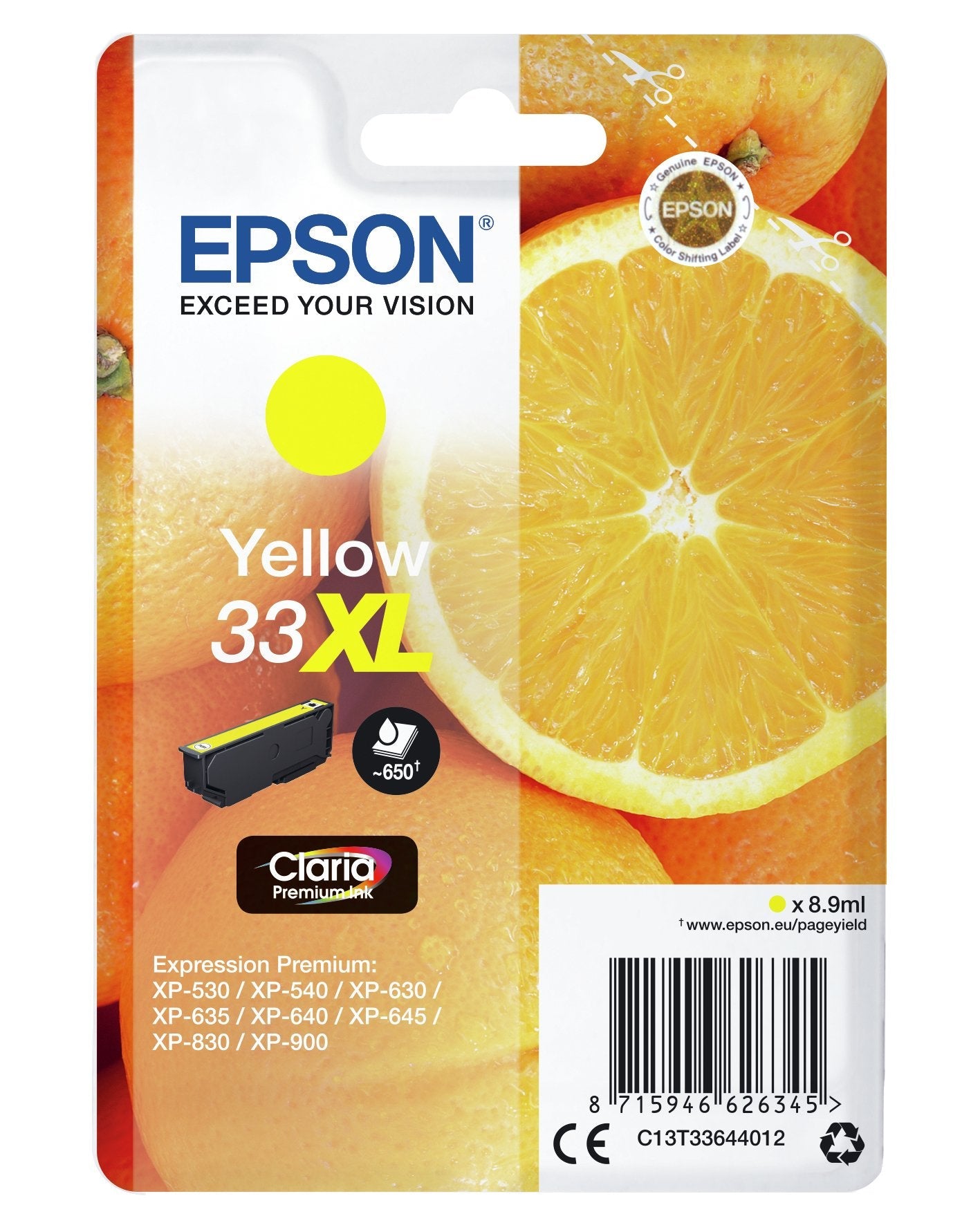 Epson 33xl 8.9 Ml Xl Amarillo Original Blíster Con Alarmas De Rf/Acústica Cartucho De Tinta Para Expression Home Xp-635 830 Expression Premium Xp-530 540 630 635 640 645 830 900
