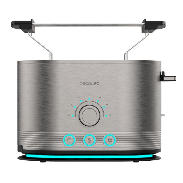 Tostadora Cecotec Vertical De Acero Con Doble Ranura Corta Shine&Toast Double. 850w, Capacidad Para 2 Tostadas, Ranuras Anchas De 3,8cm, Anillo Luminoso, 7 Niveles De Tostado, Varillas Superiores