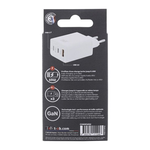 Tnb Cargador Gan Charger 2 Usb-C Power Delivery + 1 Usb-A 65w - White