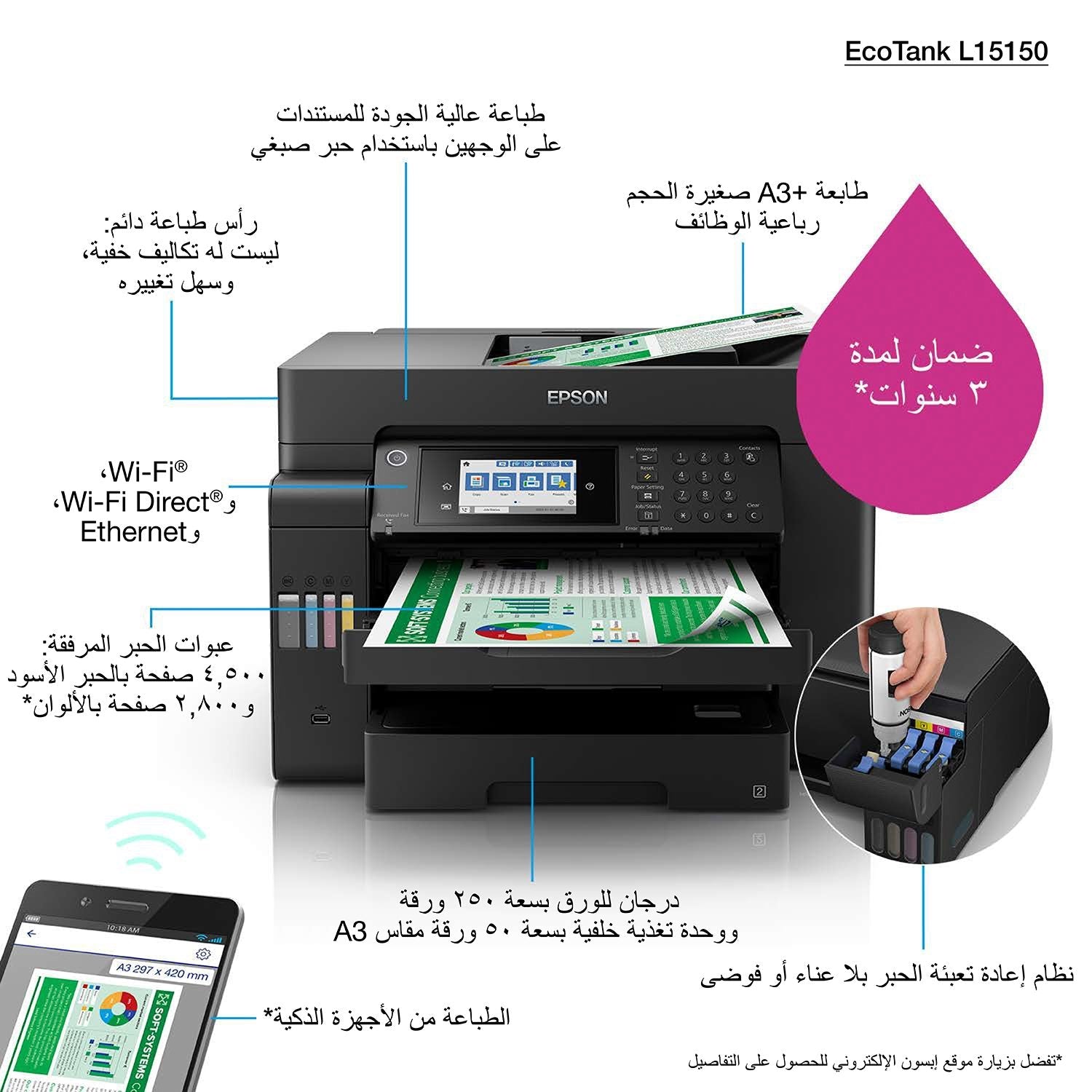 Impresora Epson Ecotank L15150, A3 +, 32ppm, 2400x4800 Dpi, Usb, Wi-Fi, 3 Aã±Os De Garantia Despues Del Registro