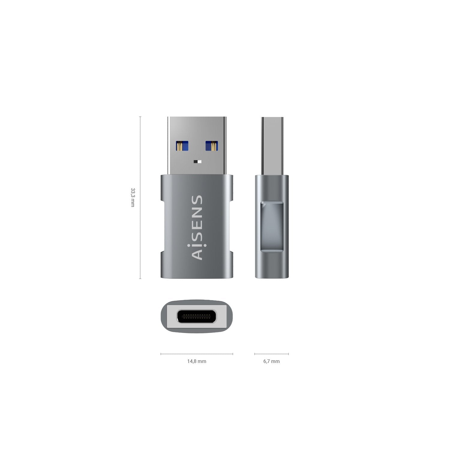 Aisens Mini Adaptador Usb 3.2 Gen2 10g 3a - Tipo Usb-C/H-A/M - Gris