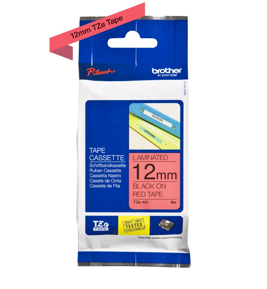 Cinta Laminada Brother Tze431 Texto Negro Sobre Fondo Rojo Ancho 12mm Longitud 8m Compatible Según Especificaciones