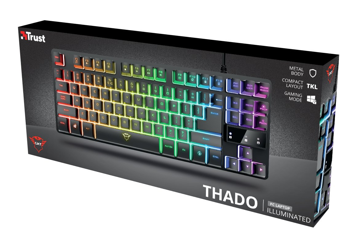 Teclado Trust Gaming Gxt 833 Thado Metalico Compacto Iluminacion Led Multicolor Anti-Ghosting 12 Tecl.Multimedia Usb 23698