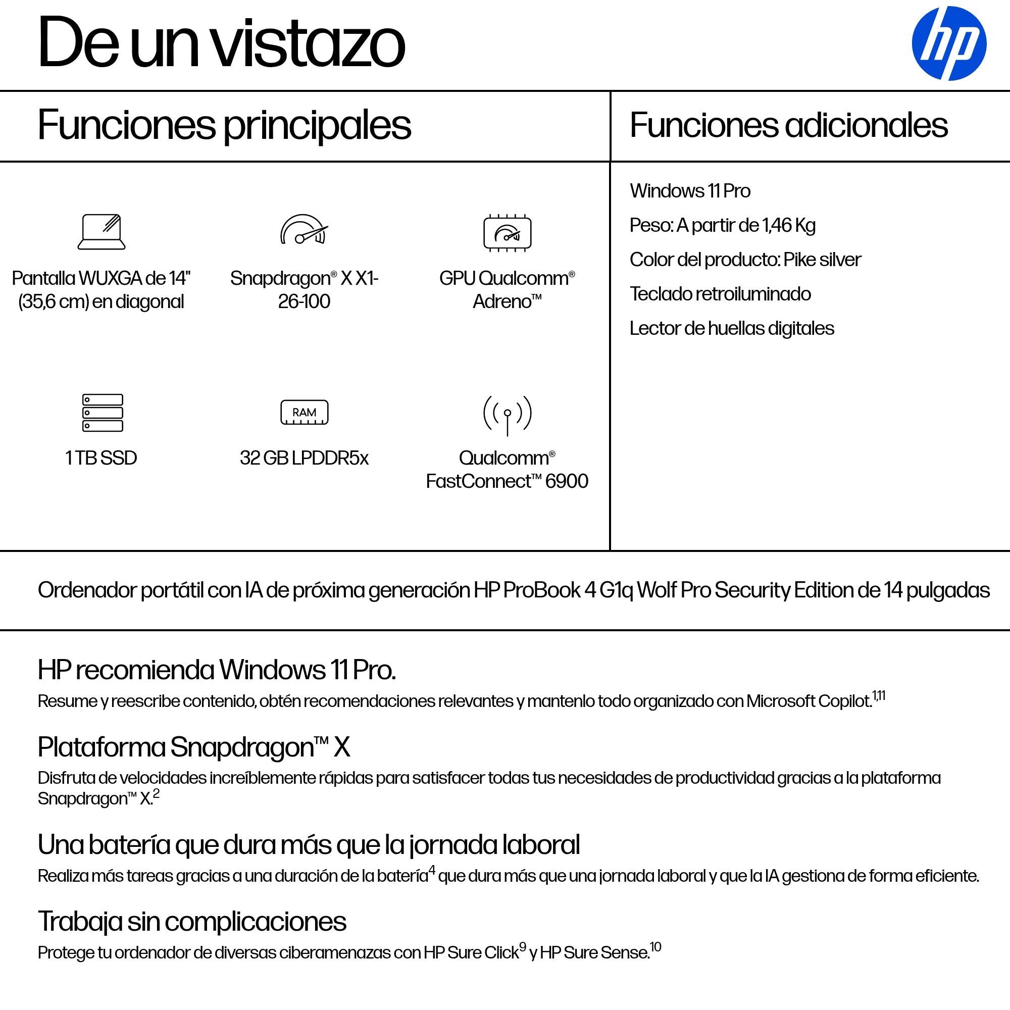 EAN 0199764324740 - HP ProBook 4 G1q Notebook Next Gen AI Wolf Pro Security Edition Copilot+ PC Snapdragon X1-26-100 Portátil imagen 3