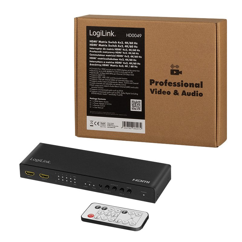 Switch Logilink Hd0049 Matriz Hdmi 4x2 Puertos, 4k / 60hz, Escalador, Hdr, Arc