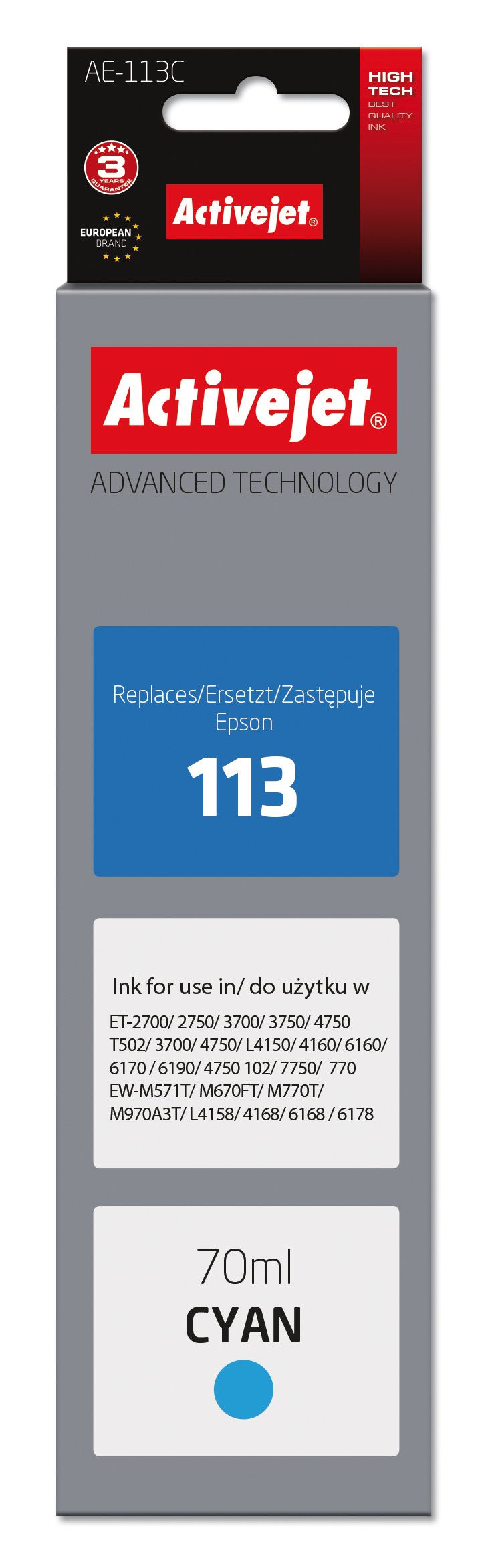 Tinta Activejet Ae-113c (Reemplazo Para Epson 113 C13t06b240 - Supreme - 70ml - Cyan)