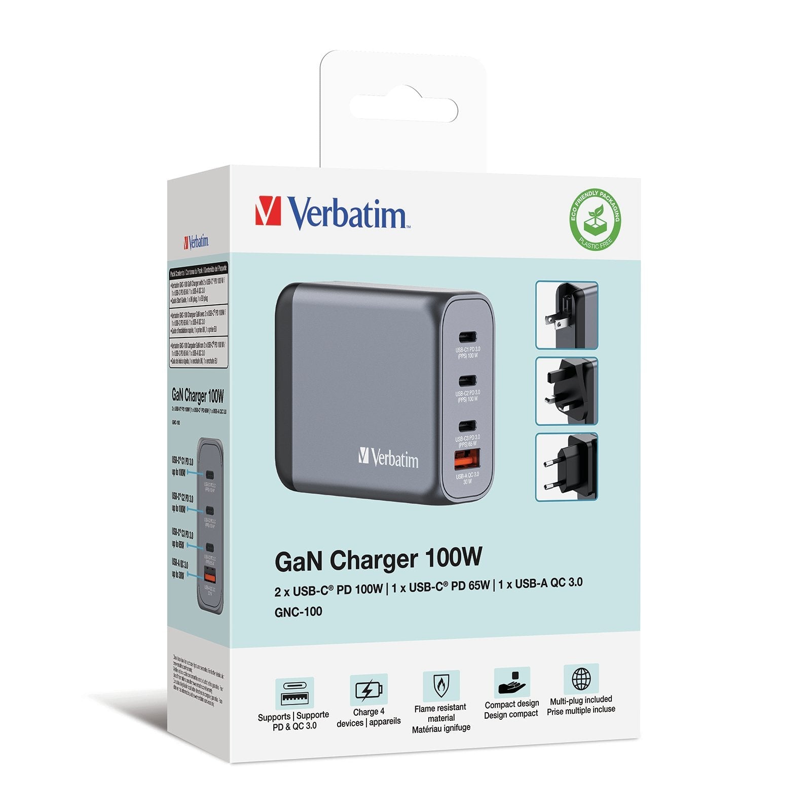 Cargador De Pared Universal Verbatim Gnc-100 3xusb Tipo-C 1xusb 100w
