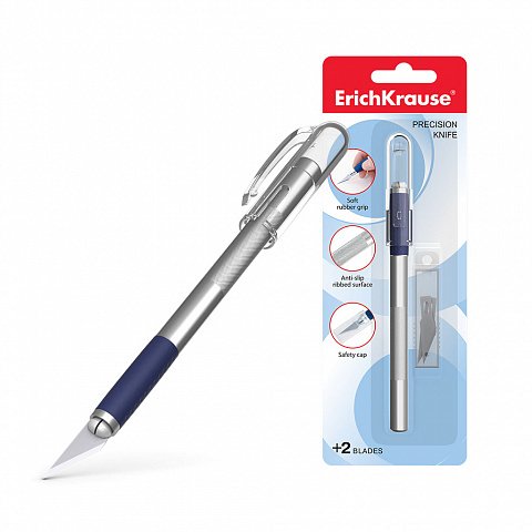 Erichkrause Cuchillo De Papeleria - Cuchillos De Precision Para Cortes De Papel - Cuerpo Metalico Con Agarre De Goma - Cuchilla Segmentada De Acero Resistente Al Desgaste - Resistente A La Corrosion - Blister 1 Ud - Color Plateado