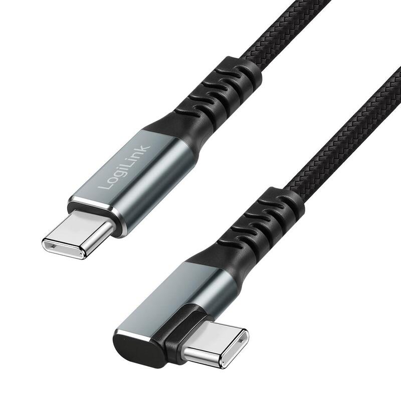 Cable De 2,00m Usb 3.2 Gen2 10 Gbit/S Pd100w Usb-C Macho Usb-C Macho 90º Nylon Conector Metal Negro E-Mark Logilink
