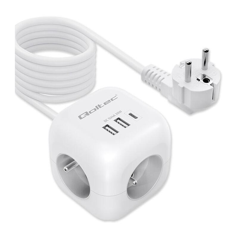 Cable De Extensión Power Cube 6 En 1 Con Interruptor Iluminado, 3 Conectores Ac, 2 Conectores Usb, 1 Conector Usb-C Pd, 20 W, Color Blanco, 2 M
