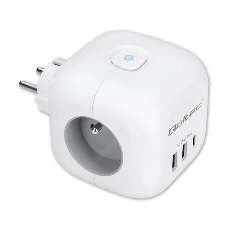Cable De Extensión Qoltec 52548 Power Cube 6 En 1 Con Interruptor Iluminado, 3 Conectores Ca, 2 Conectores Usb, 1 Conector Usb C Pd De 20 W, Color Blanco