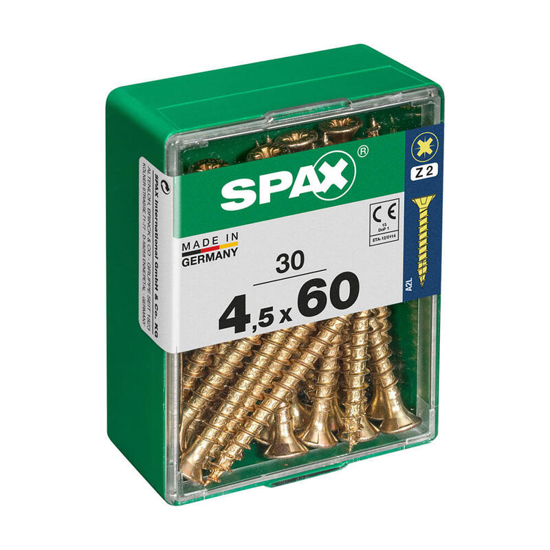 Caja 30 Unid. Tornillo Madera Cabeza Plana Yellox 4,5x60mm Spax