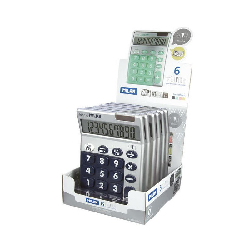 Caja Expositora 6 Calculadoras Silver 10 Dígitos Milan