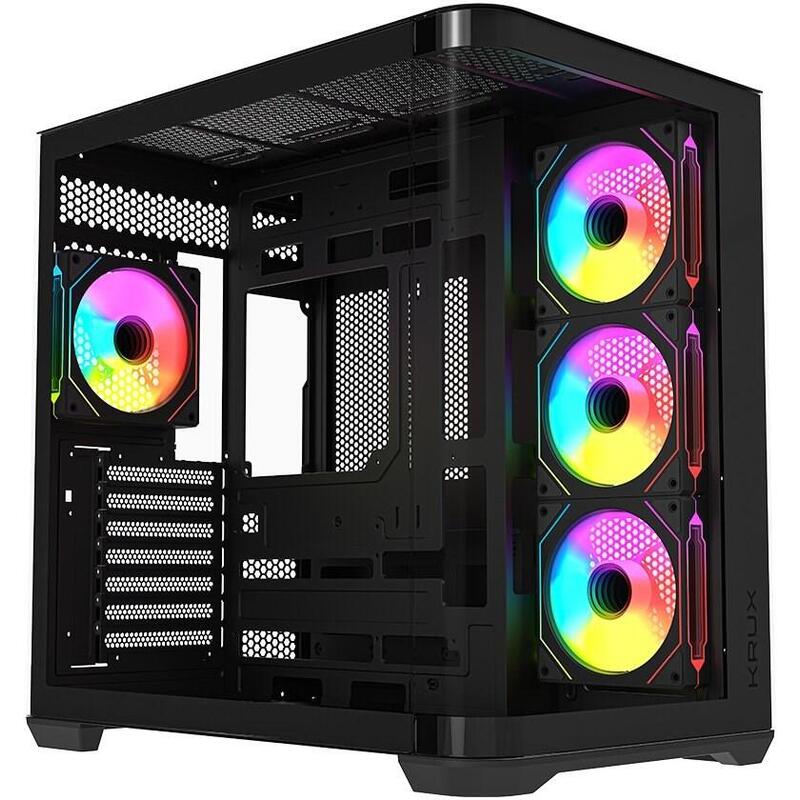 Caja Pc Krux Tano Atx/E-Atx - Cristal Templado Panorámico, 4 Ventiladores Argb Pwm De 120 Mm, Usb-C, Argb/Pwm Hub, Gpu Hasta 420 Mm, Carcasa Para Videojuegos, Color Negro