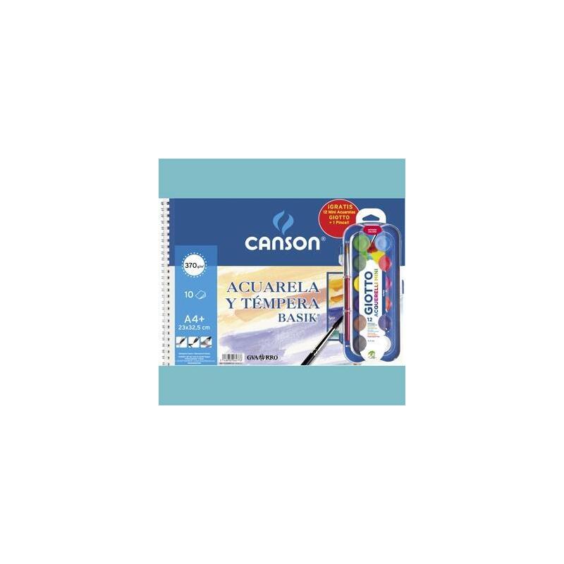 Canson Bloc Acuarela Y Témpera Basik Espiral 10 Hojas + 12 Acuerlas Mini + Pincel Gratis 370gr 23x32,5cm Unitario