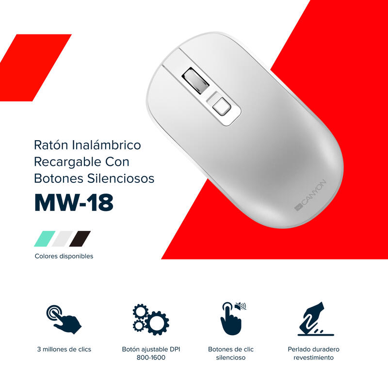 Canyon Raton Mw-18 Wireless Rechargeable Silent Pixart Gris Retail
