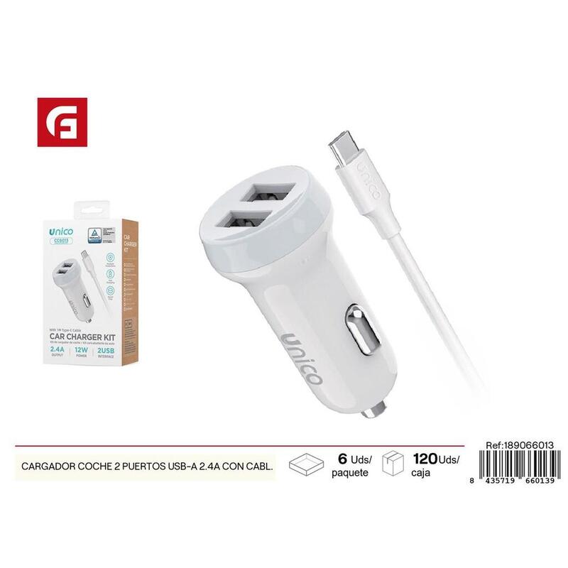 Cargador Coche 2 Puertos Usb-A 2.4a Con Cable Usb-A A Tipo-C - Accesorios De Automóvil