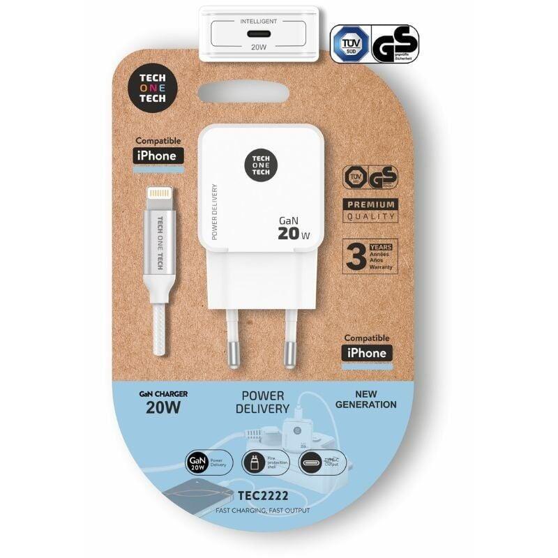 Cargador De Pared Tech One Tech Tec2222 1xusb Tipo-C + Cable Lightning 20w Blanco