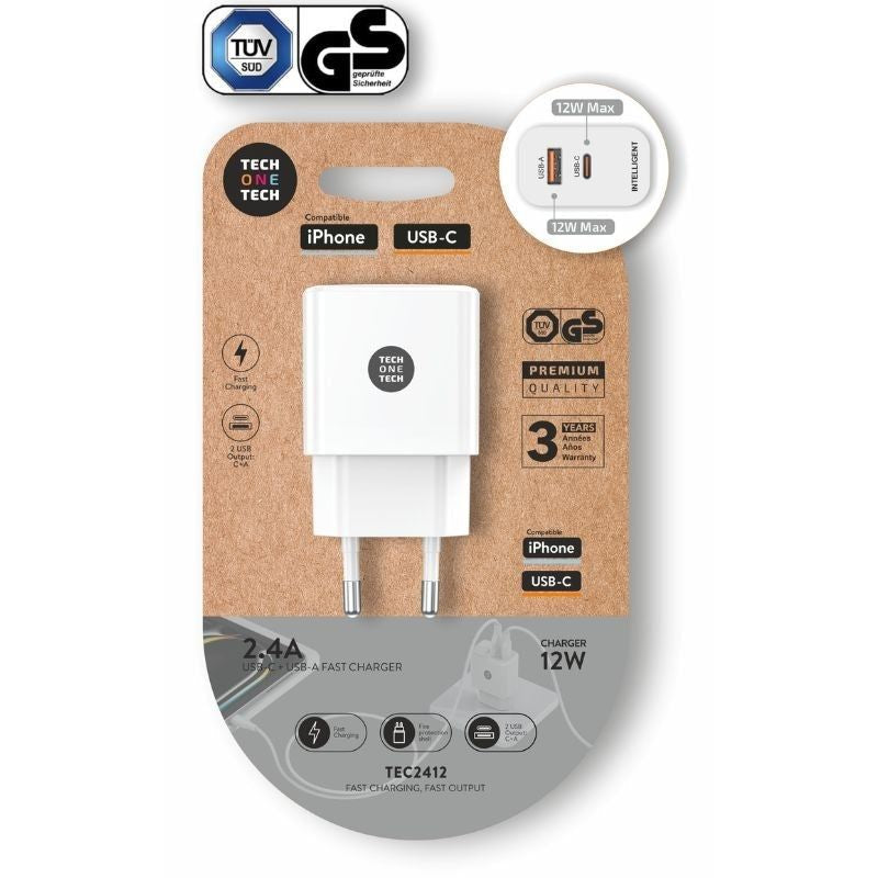 Cargador De Pared Tech One Tech Tec2412 1xusb Tipo-C 1xusb 12w Blanco