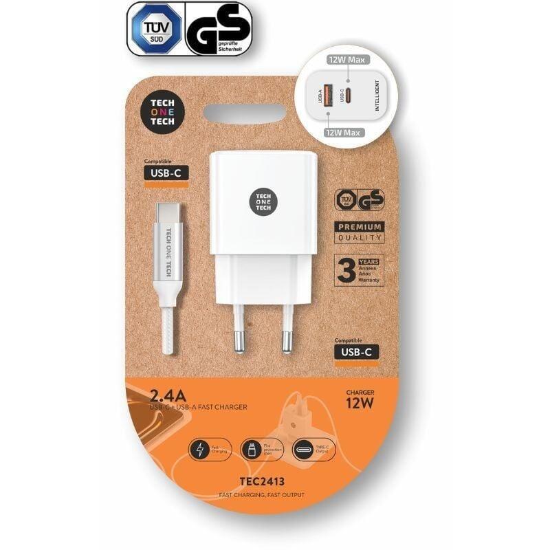 Cargador De Pared Tech One Tech Tec2413 1xusb Tipo-C 1xusb + Cable Usb Tipo-C 12w Blanco
