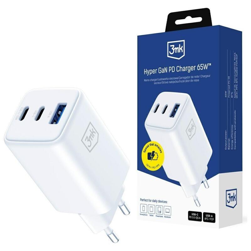 Cargador De Red Hyper Gan 65w 1xusb-A 2xusb-C Pd Qc4+ Blanca