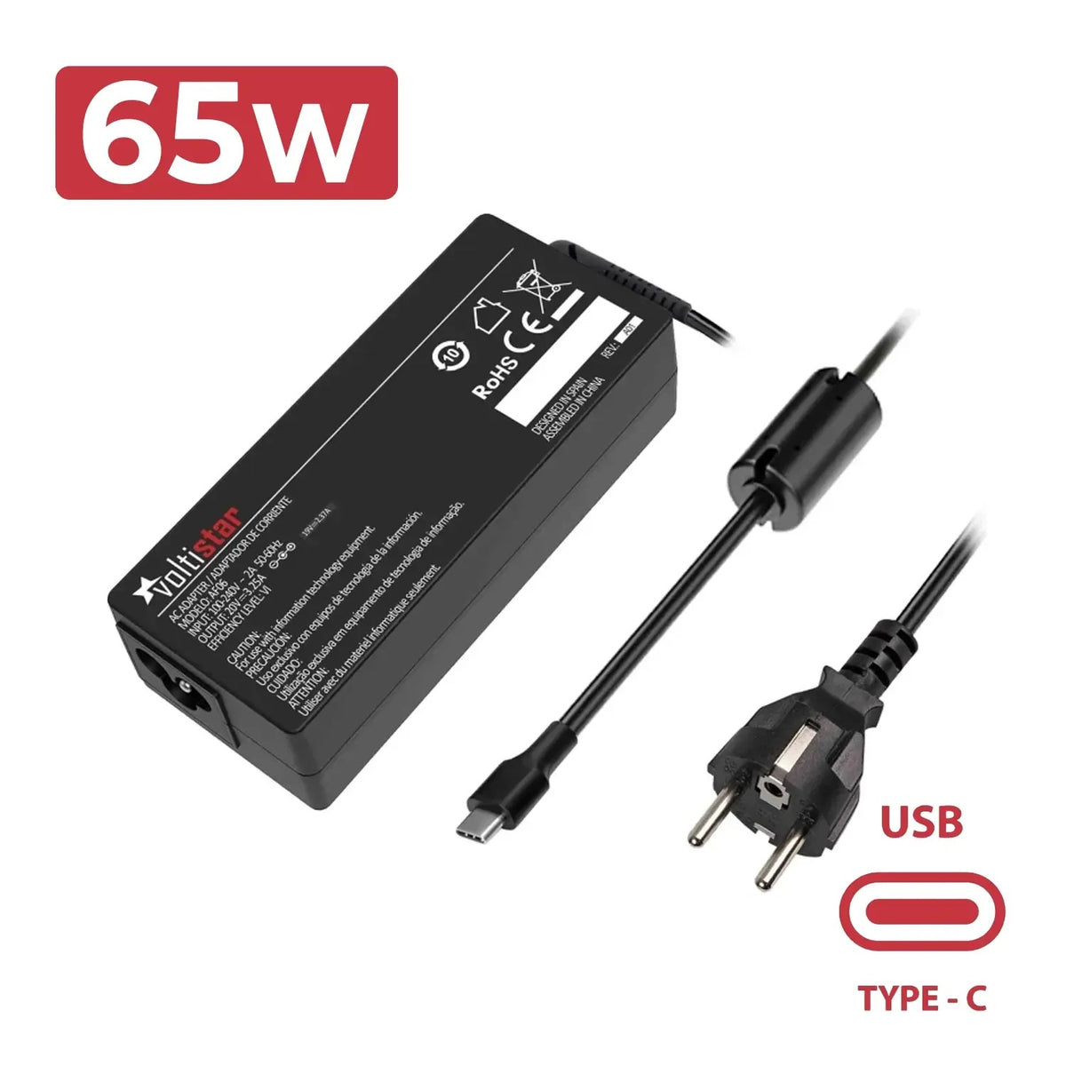 Cargador Usb-C Multivoltaje Para Portátil 5V-20V 3.25A 65W Negro