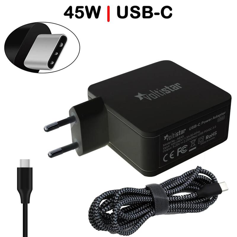Cargador Multivoltaje Usb C Para Portátil 5v 20v 2.25a 45w Negro Cable Trenzado