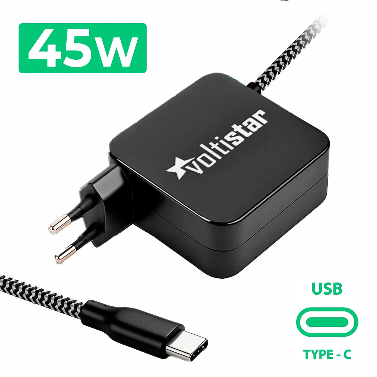 Cargador Multivoltaje Usb-C Para Portátil 5V-20V 2.25A 45W Negro Cable Trenzado