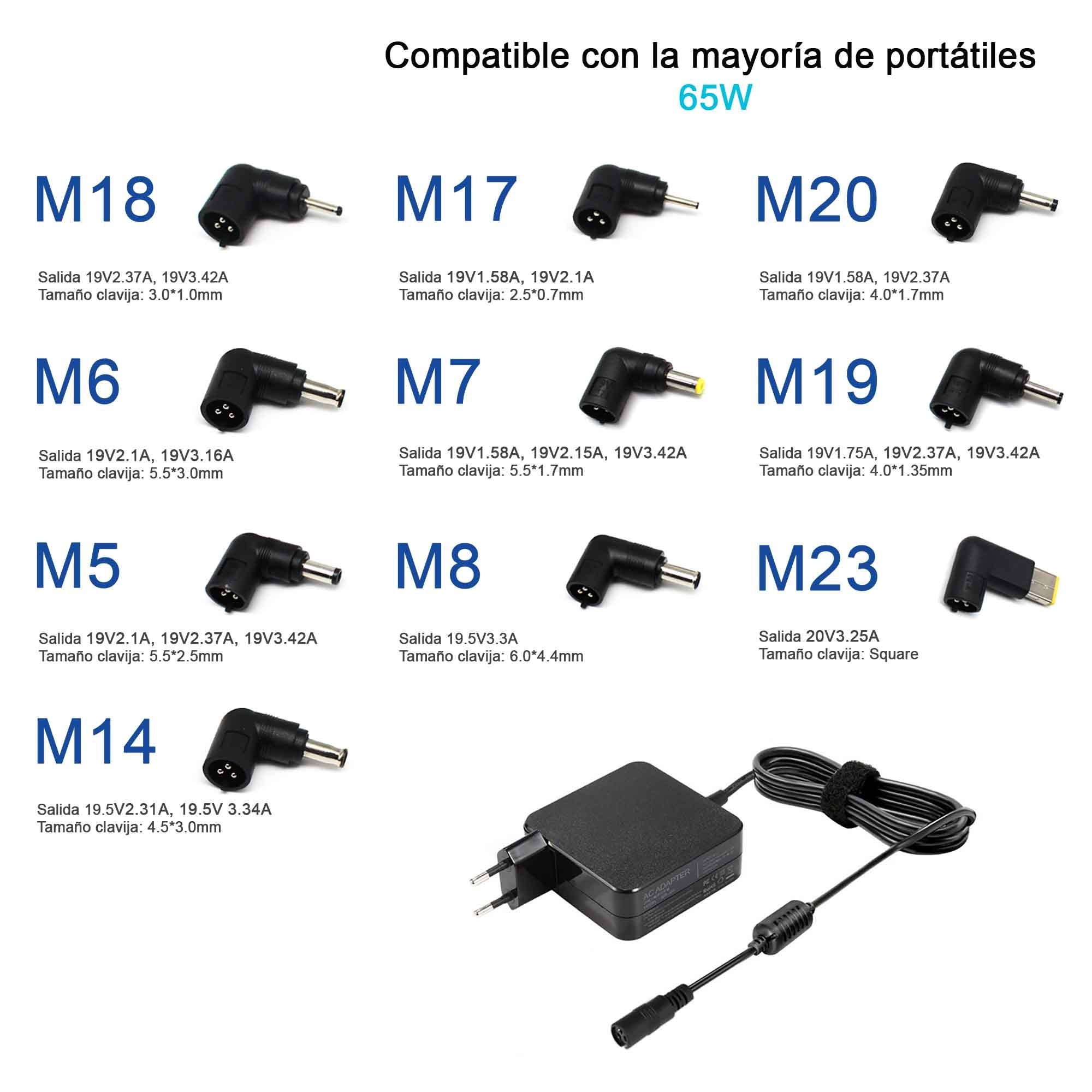 Cargador Universal Para Portátiles 15/20V 65W 10 Tips