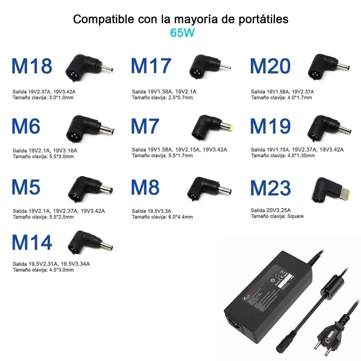 Cargador Universal Para Portátiles 9.5-20V 65W 10 Tips