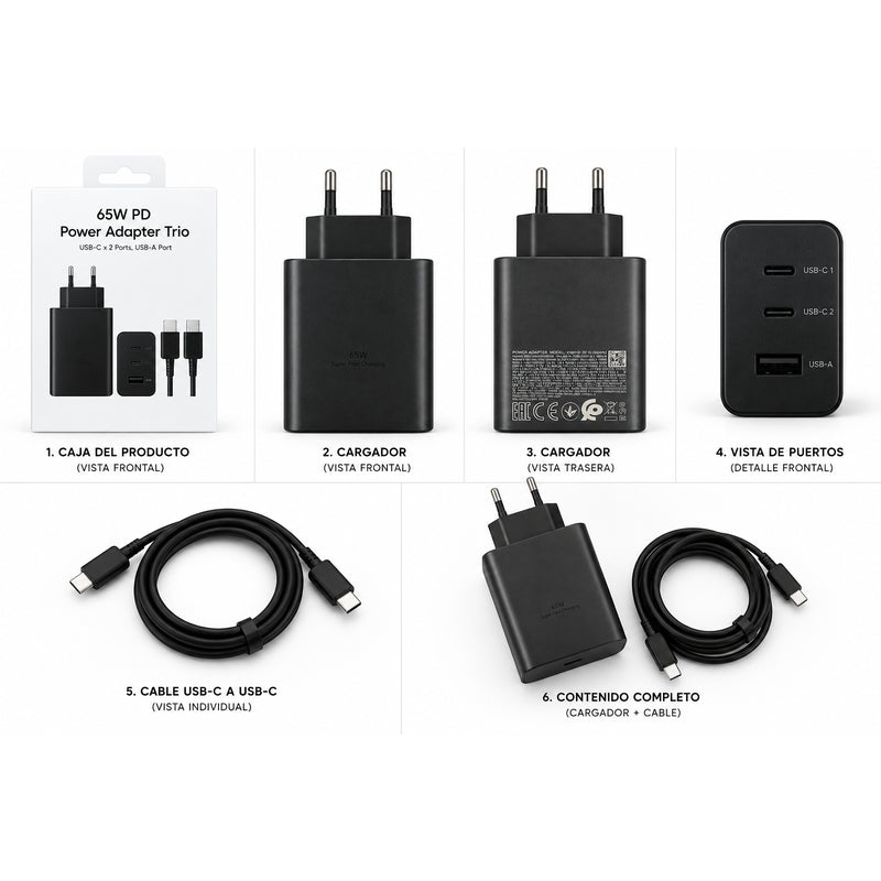 Cargador Rápido 65w Pd 3 Puertos - 2 Usb-C + 1 Usb-A - Con Cable Usb-C - Negro