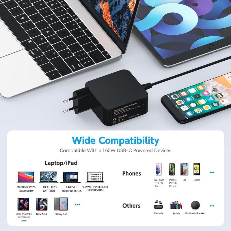 Cargador Rápido 65w Usb Tipo C 5v 9v 12v 15v 18v 20v Para Dell/Hp/Asus/Lenovo