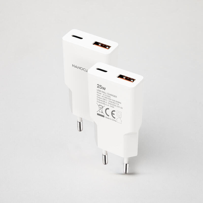Cargador Usb-C/Pd + Usb-A/Qc 25w, Blanco