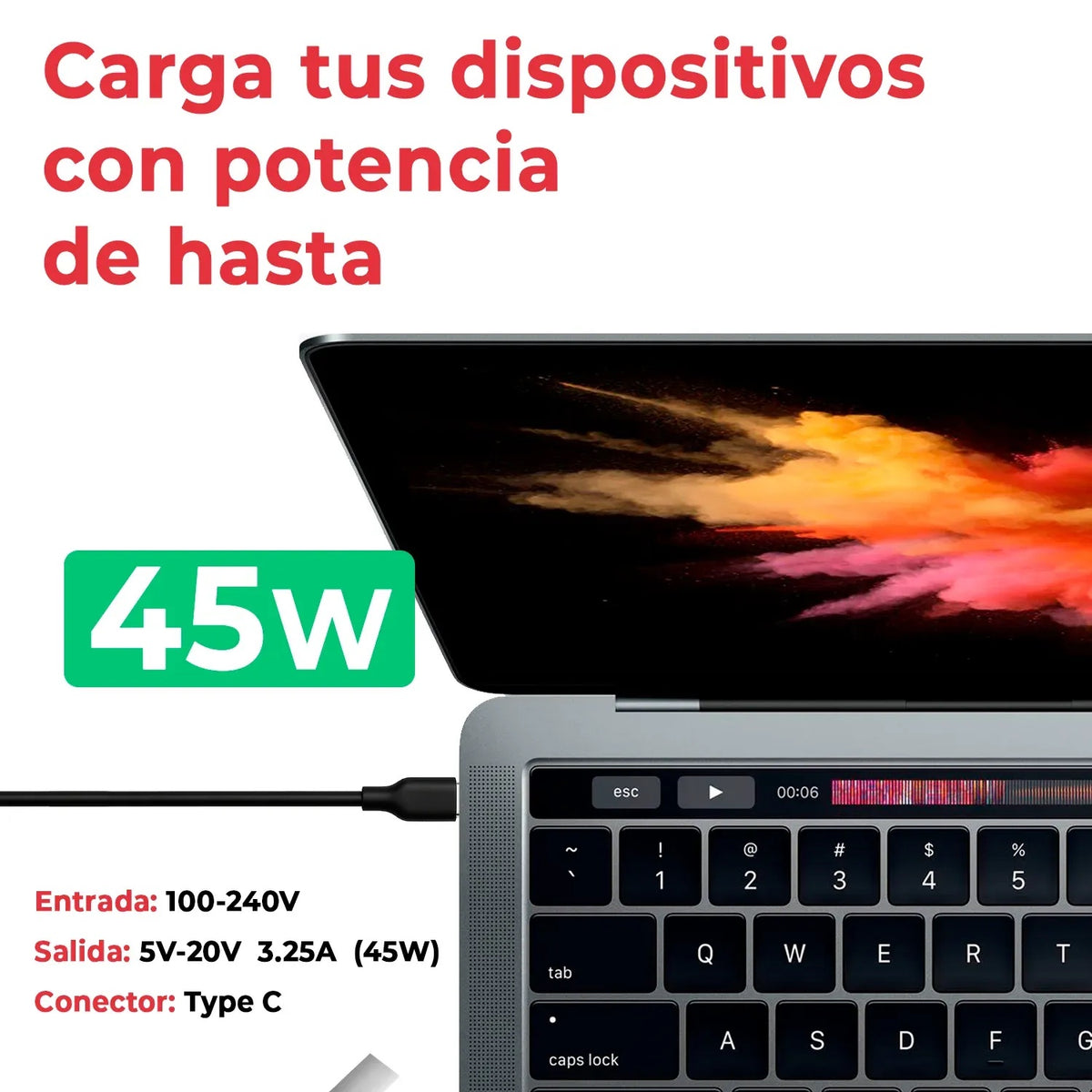 Cargador Usb Tipo C Usb-C 45W 5V-2A, 9V-2A, 12V-2A, 14.5V-2A, 15V-3A, 20V-2.25A