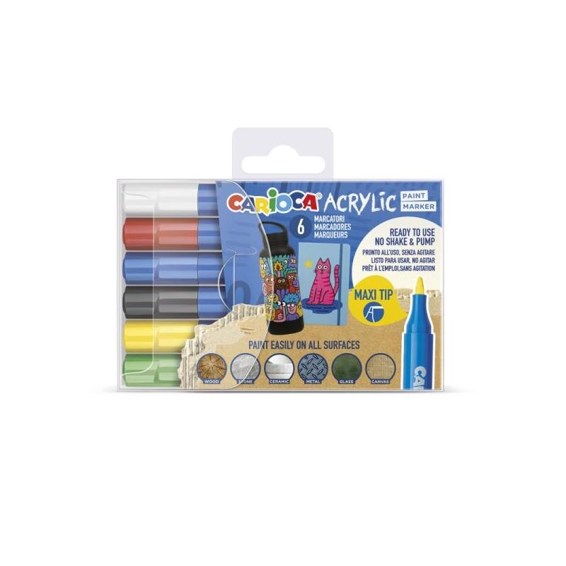 Carioca Acrylic Pack De 6 Marcadores De Pintura Acrilica - Punta Maxi - Tinta A Base De Agua - Alta Cobertura - Colores