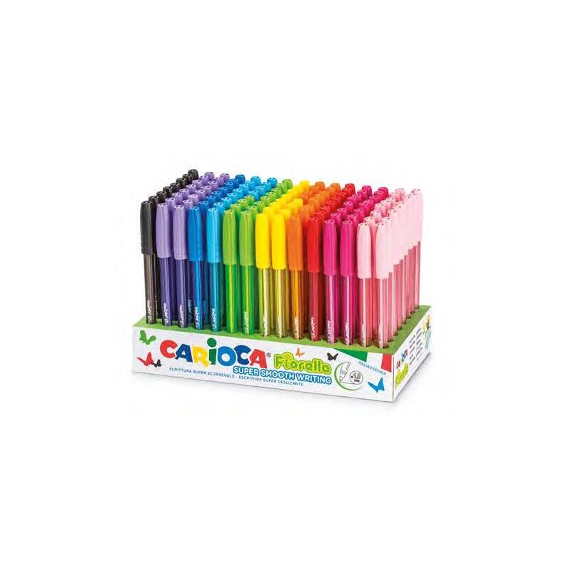 Carioca Fiorella Expositor Con 120 Boligrafos De Colores Tinta Gel - Punta De Bola 1mm - Cuerpo Transparente De Colores