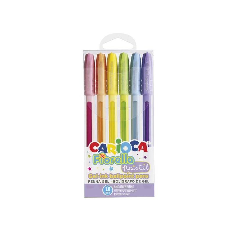 Carioca Fiorella Pack De 6 Boligrafos De Colores Tinta Gel - Punta De Bola 1mm - Cuerpo Transparente Pastel - Colores
