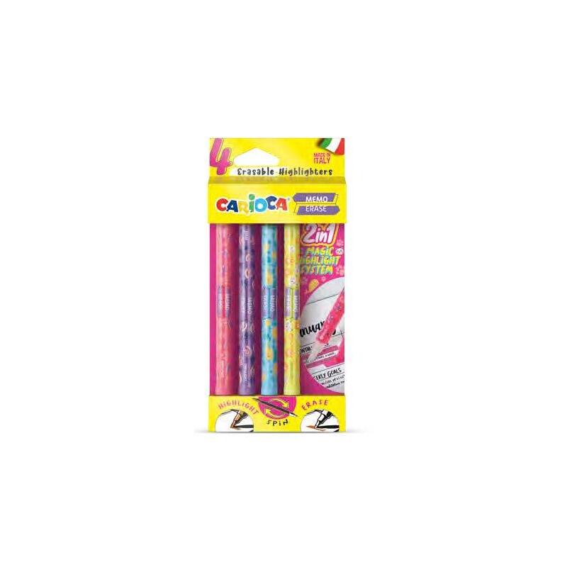 Carioca Memo Erase 2 En 1 Pack Con 4 Rotuladores - Una Punta Subraya Y La Otra Borra El Color - Colores Surtidos