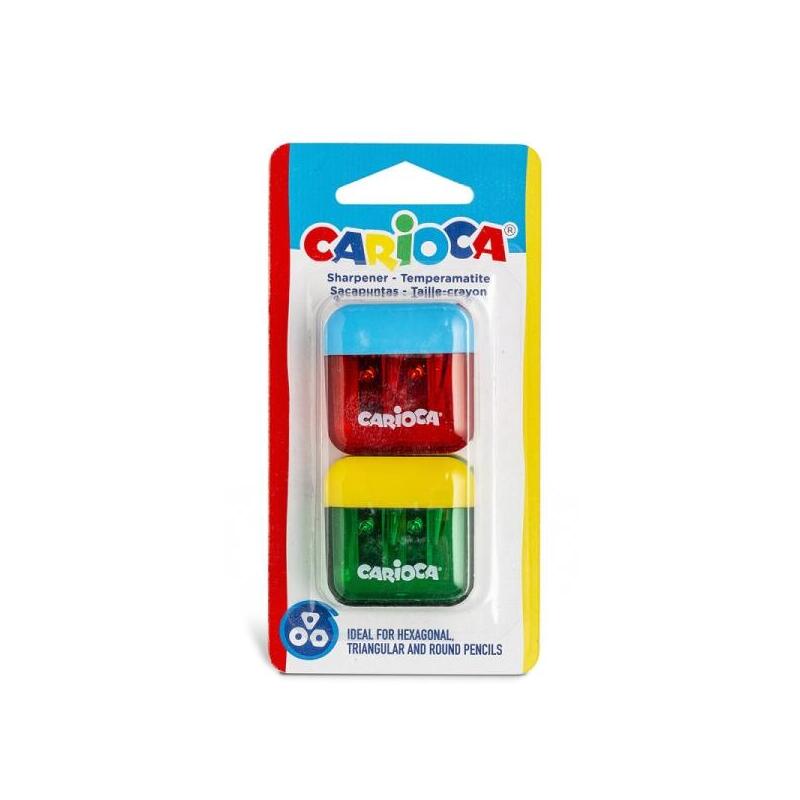 Carioca Pack De 2 Minisacapuntas De 2 Orificios Con Deposito - Tapon De Seguridad En La Cuchilla - Colores Aleatorios