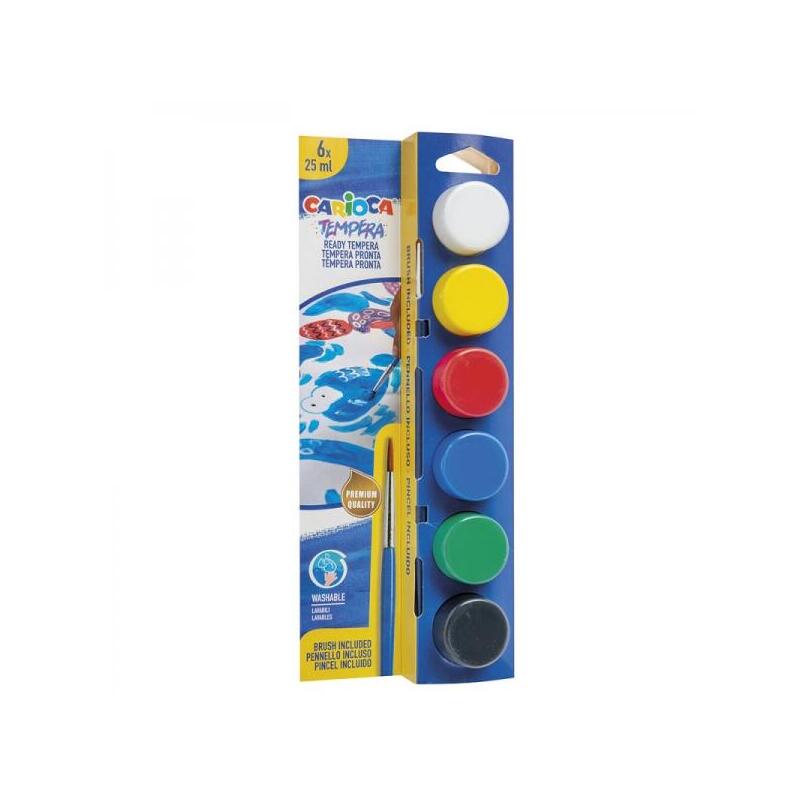 Carioca Pack De 6 Temperas En Botes - 25 Ml - Pincel Incluido - Superlavables - Mezclable - Colores Surtidos