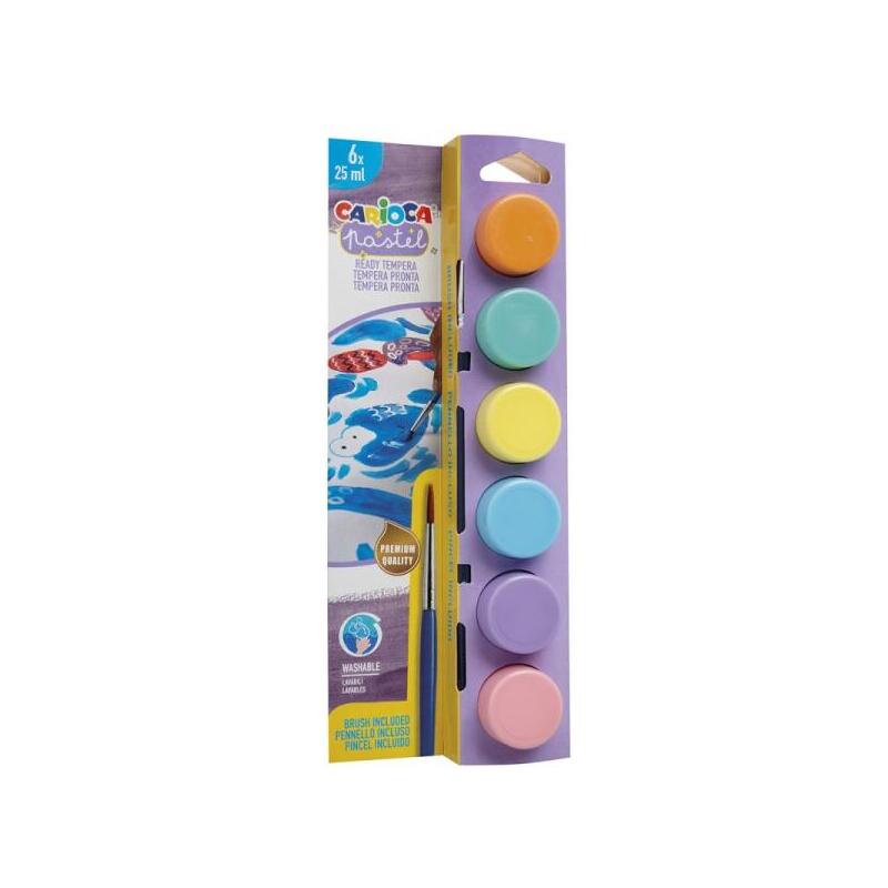 Carioca Pastel Pack De 6 Temperas En Botes De 25ml + Pincel - Superlavables - Mezclables - Colores Pastel Surtidos